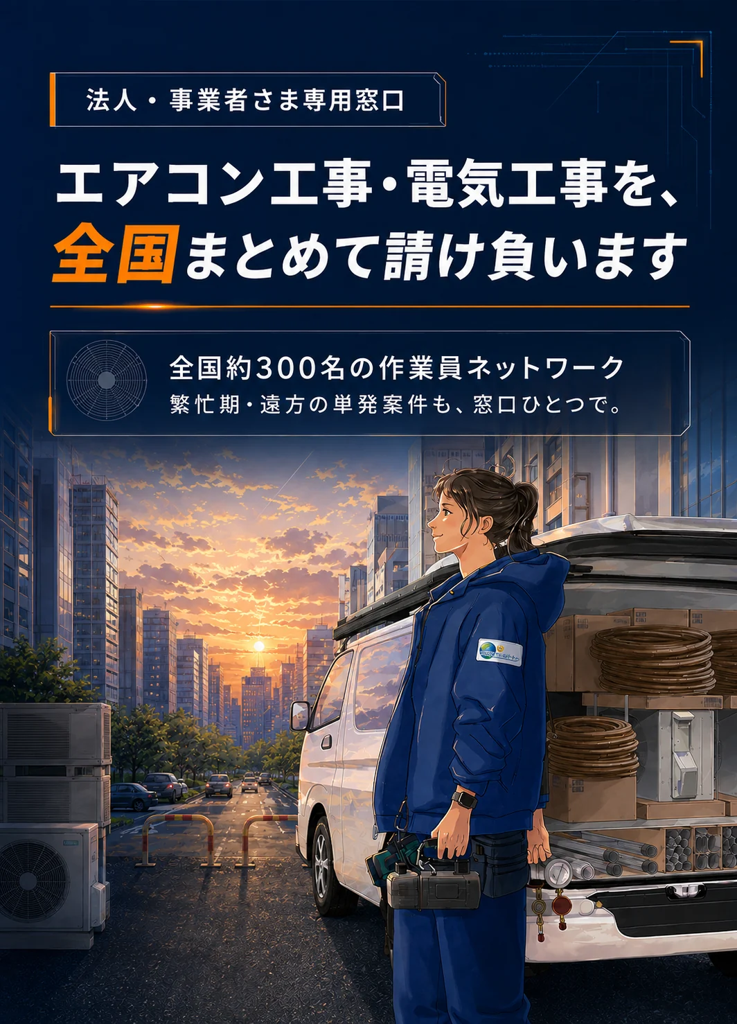 法人・事業者さま専用窓口｜エアコン工事・電気工事を、全国まとめて請け負います。全国約300名の作業員ネットワークで、繁忙期の工事キャパ不足も、遠方の単発案件も、窓口ひとつで解決できます。
