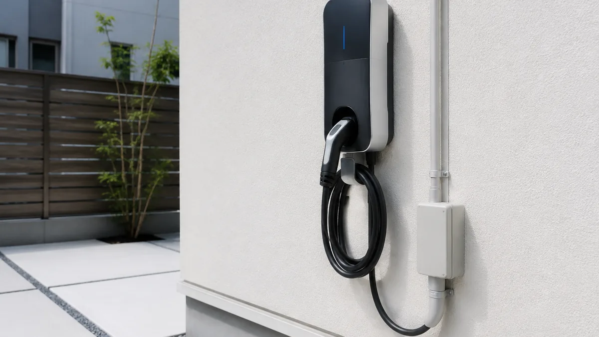 住宅の外壁に設置されたEV充電器と、電源をつなぐ配線